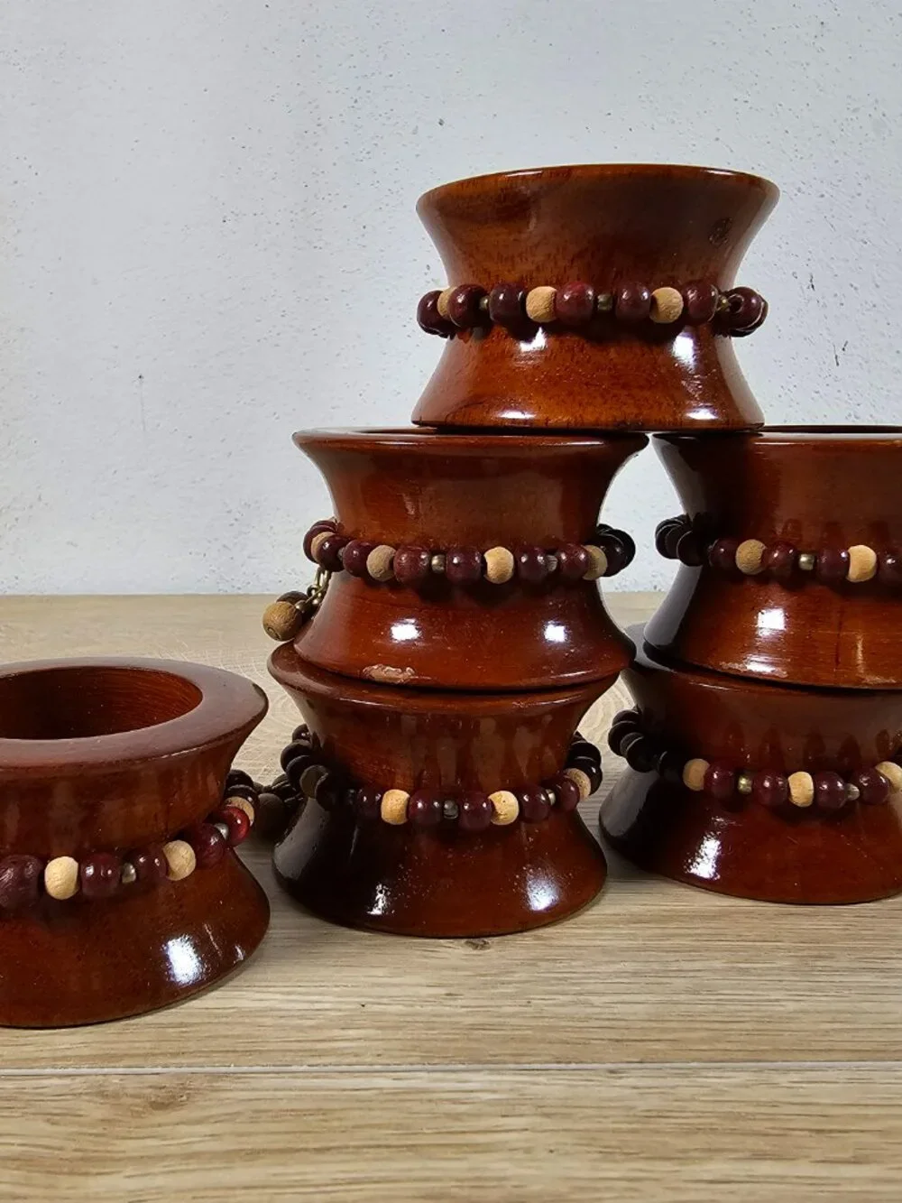 Pier 1 Beaded Wooden Napkin Rings Set of 6 Brown Neutral Boho
